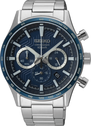 Herrenchronograph aus Stahl mit blauem Zifferblatt und Edelstahlarmband, 100m wasserdicht
