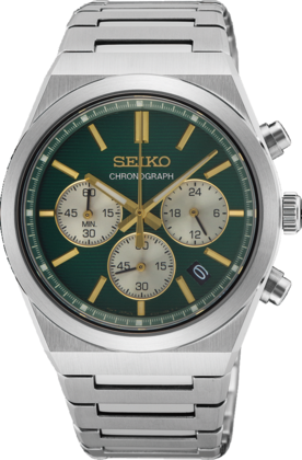 Herrenchronograph mit grünem Zifferblatt, silbernem Gehäuse und Edelstahlarmband