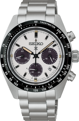 Herrenchronograph mit silbernem Gehäuse, weißem Zifferblatt und schwarzer Lünette