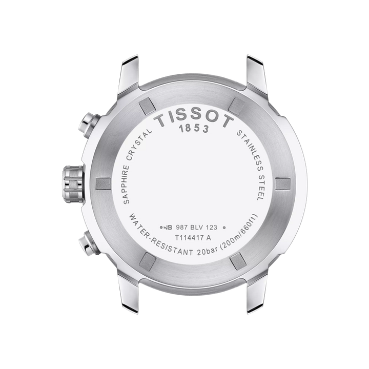 Op de achterkant van de Tissot PRC 200 Chronograph staan het merk Tissot, de modelnaam, details van het Zwitserse quartz-uurwerk, een waterdichtheid tot 20 bar (200m/660ft) en een gravure van saffierglas op de roestvrijstalen kast.