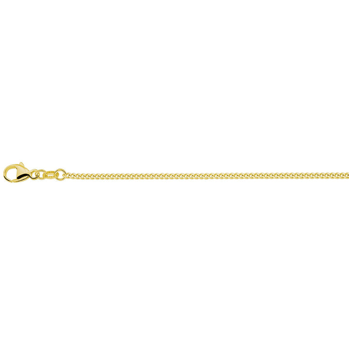 Een dunne goudkleurige heren ketting gourmette (1,4 mm zilver verguld) van Juwelier van der Kooij met een karabijnsluiting, horizontaal weergegeven op een witte achtergrond.