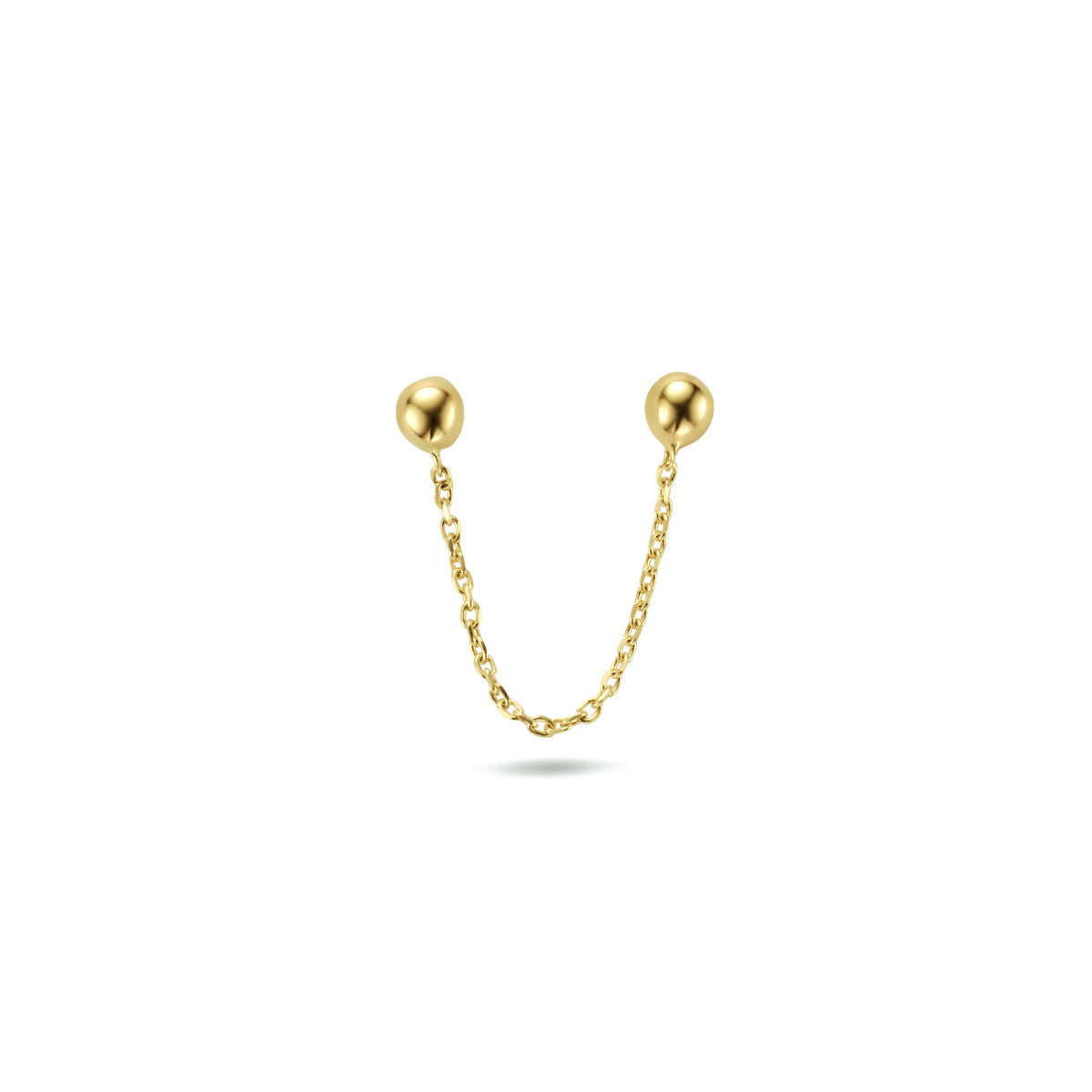 Doppelte Ohrknöpfe mit Kugeln aus 14K Gelbgold und einer feinen Kette zwischen den Ohrringen