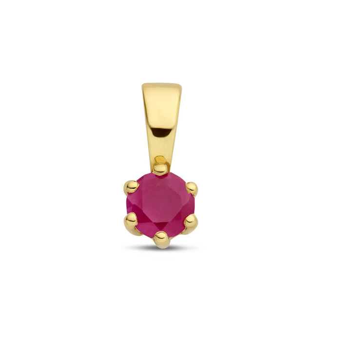 De hanger met geboortesteen 14K geelgoud uit de Van der Kooij Collectie toont een ronde, facetgeslepen roze saffiersteen in zes poten, afgebeeld tegen een witte achtergrond.