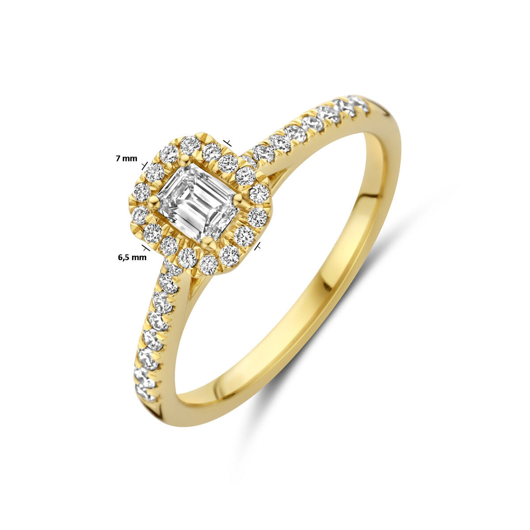 De Van der Kooij Collectie ring lab grown diamant 0,48ct h si 14K geelgoud heeft een rechthoekig lab-grown diamanten centrum met een halo van ronde diamanten en diamant geaccentueerde band; centrum zetting is 7x6,5 mm.