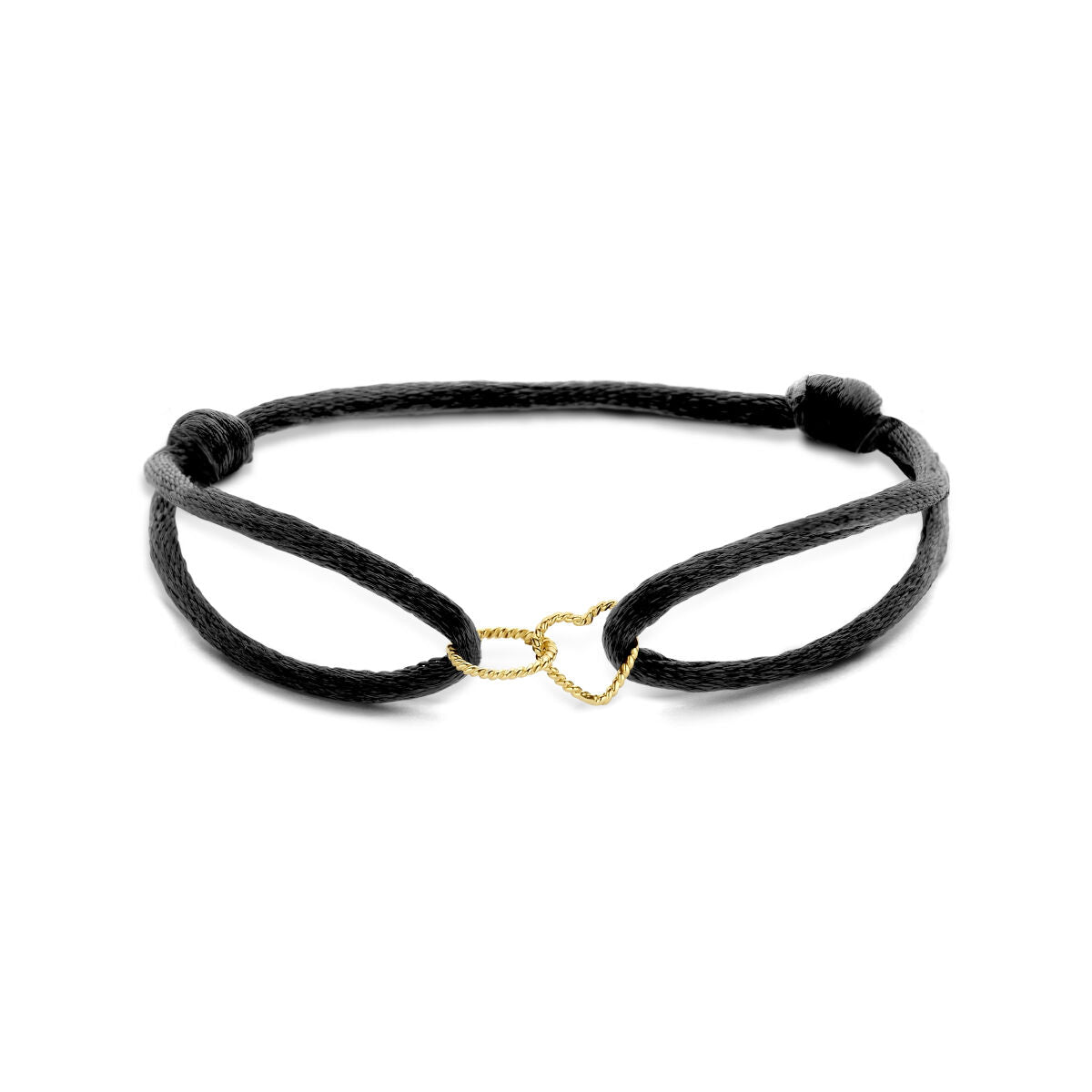 Armband aus 14K Gold mit gedrehten Satinbändern in Schwarz und Herz- sowie Rundelementen