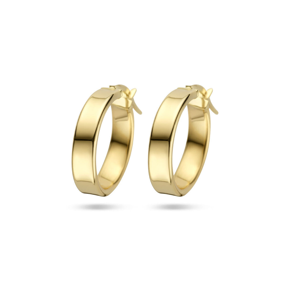 De oorringen 14K geelgoud van Van der Kooij Collectie hebben een gepolijste, glanzende afwerking en een scharnierende sluiting: elegante damesoorbellen die bij elke gelegenheid passen, weergegeven tegen een witte achtergrond.