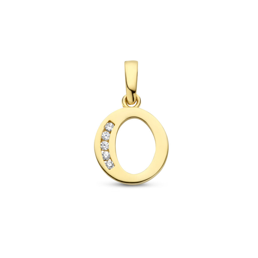 14K geelgouden "hanger letter zirkonia" hanger van Van der Kooij Collectie, met een verticale rij van vijf fonkelende zirkonia's gezet langs één zijde, tegen een effen witte achtergrond.