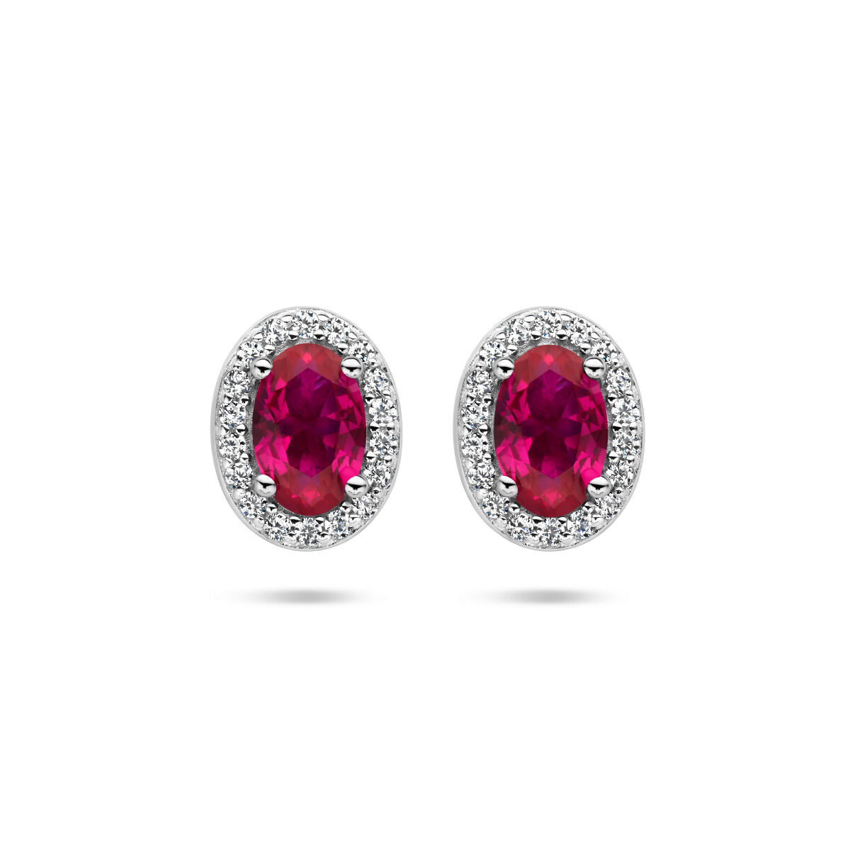 Ohrstecker mit roten und weißen Zirkonia, rhodiniertes Silber, ovaler Halo-Stil