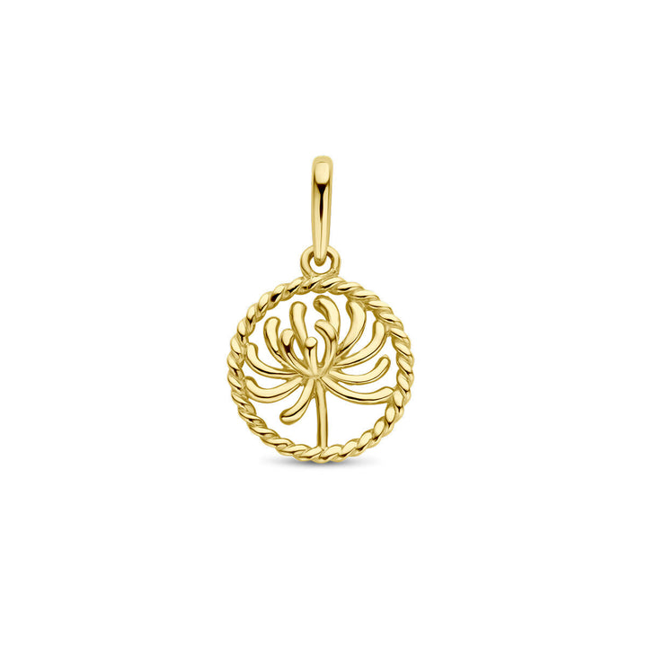 De Van der Kooij Collectie hanger met geboortebloem 14K geelgoud is een luxe, opengewerkte paardenbloem hanger omlijst door een gedraaide touwcirkel en afgewerkt met een klein lusje aan de bovenkant voor bevestiging aan een ketting.