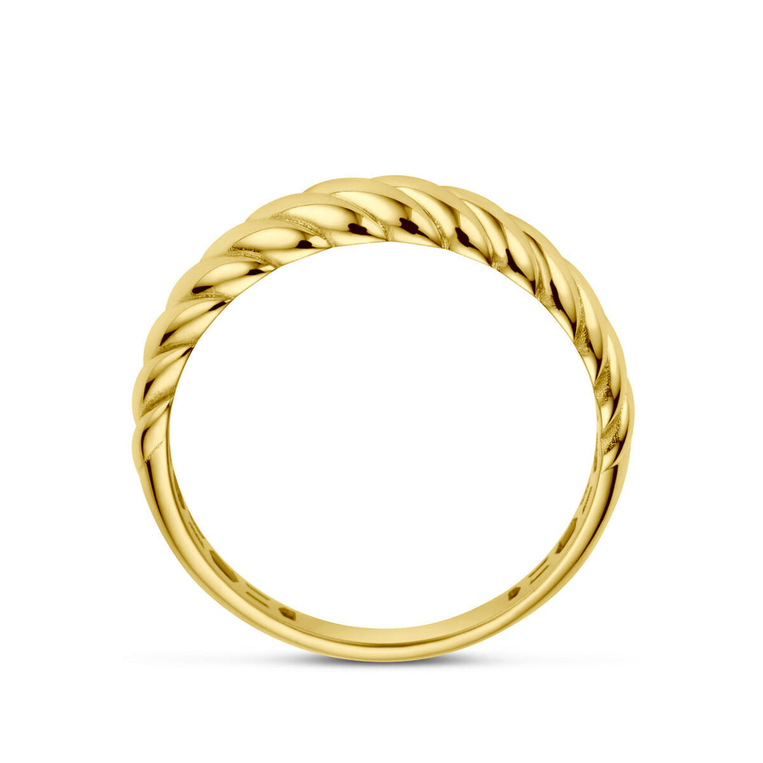 De ring gedraaid 14K geelgoud van Van der Kooij Collectie heeft een gepolijst gedraaid touw ontwerp en is rechtop afgebeeld tegen een witte achtergrond.