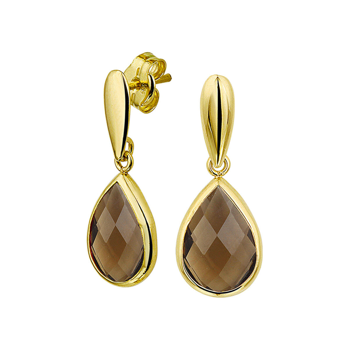 Ohrhänger aus 14K Gelbgold mit tropfenförmigem Rauchquarz und facettiertem Schliff