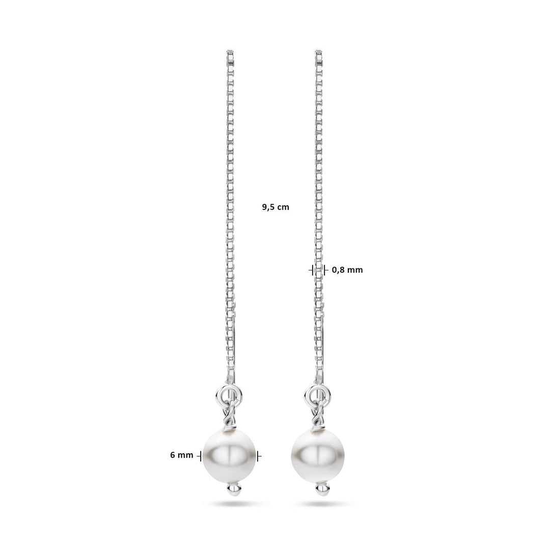 Van der Kooij Collectie doortrekoorbellen swarovski parel zilver gerhodineerd: elegante oorbellen met 9,5 cm ketting, 6 mm witte Swarovski parels en een fijne ketting van 0,8 mm breed.