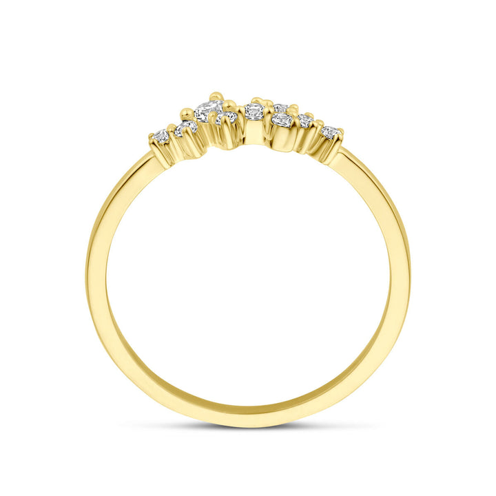 De Van der Kooij Collectie ring zirkonia 14K geelgoud is een damesring met fonkelende zirkonia steentjes gezet in een delicate, licht gebogen rij langs de bovenkant van de geelgouden band.