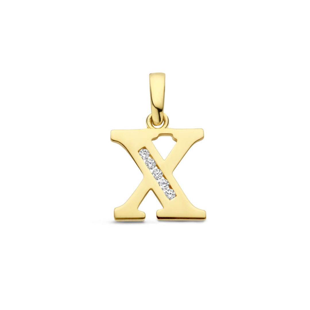 Van der Kooij Collectie hanger letter zirkonia 14K geelgoud in X-vorm, met een diagonale rij fonkelende zirkonia's, gepresenteerd tegen een effen witte achtergrond.