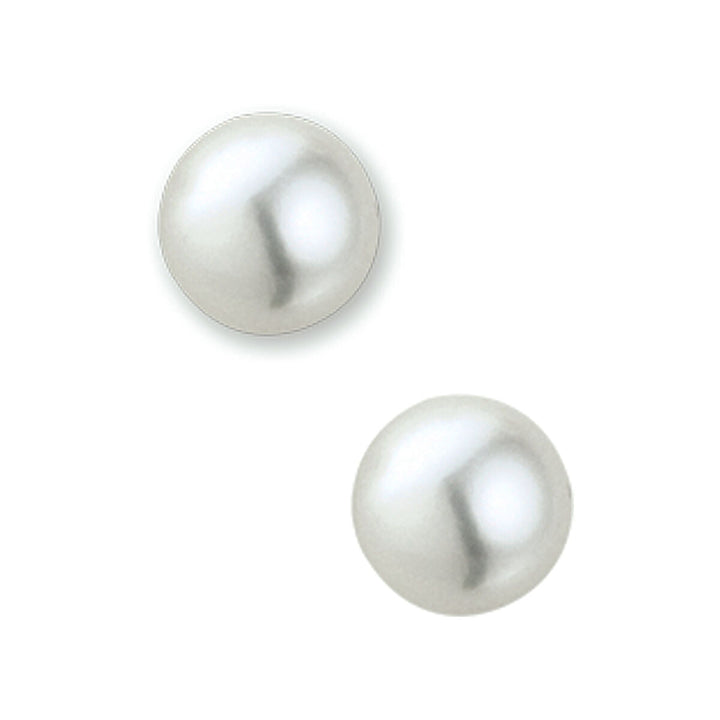 Twee ronde, witte zoetwaterparels met een glad, glanzend oppervlak zijn geplaatst tegen een effen witte achtergrond, perfect voor de Van der Kooij Collectie oorknoppen parel 14K geelgoud.