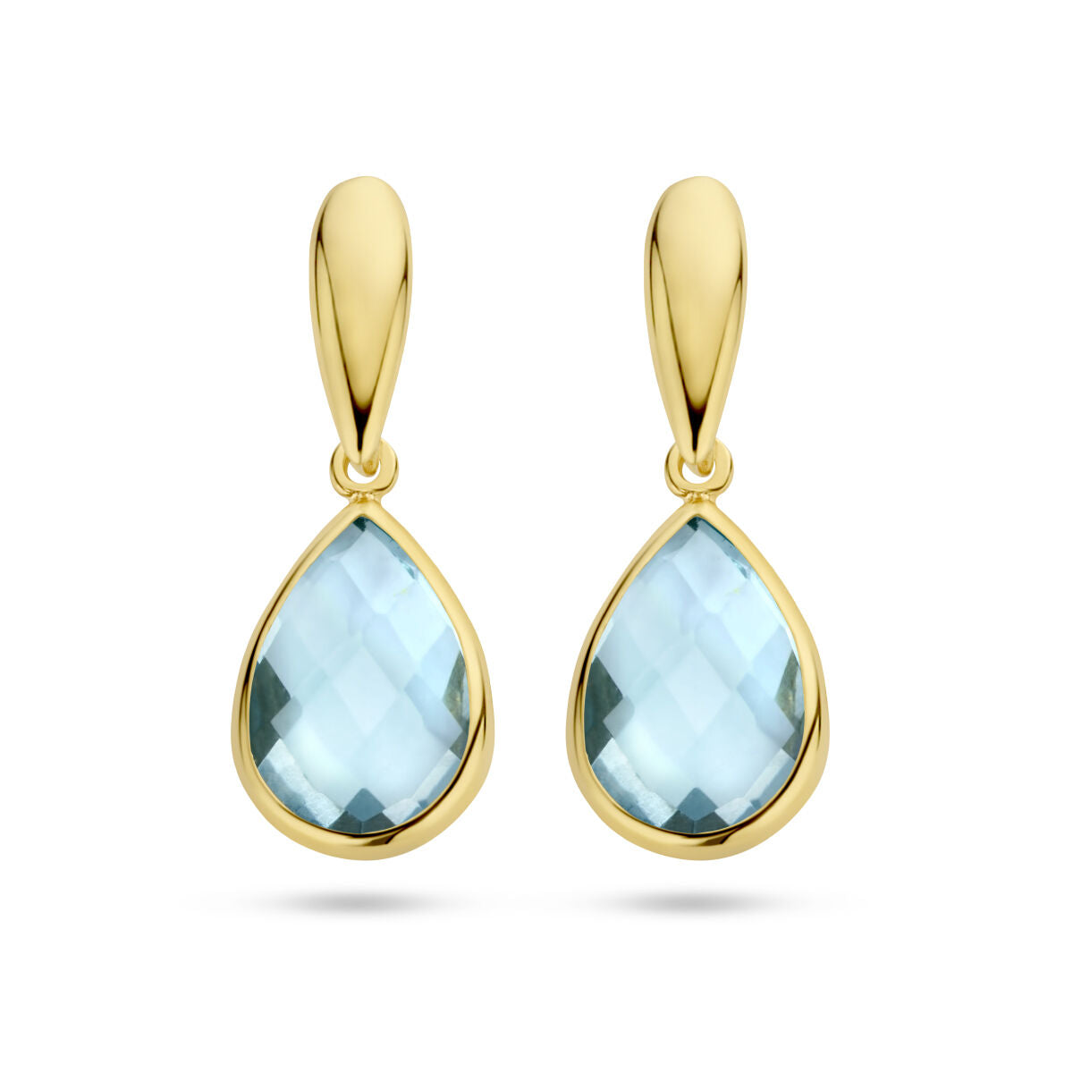 Ohrhänger aus 14K Gelbgold mit tropfenförmigem, facettiertem blauen Topas