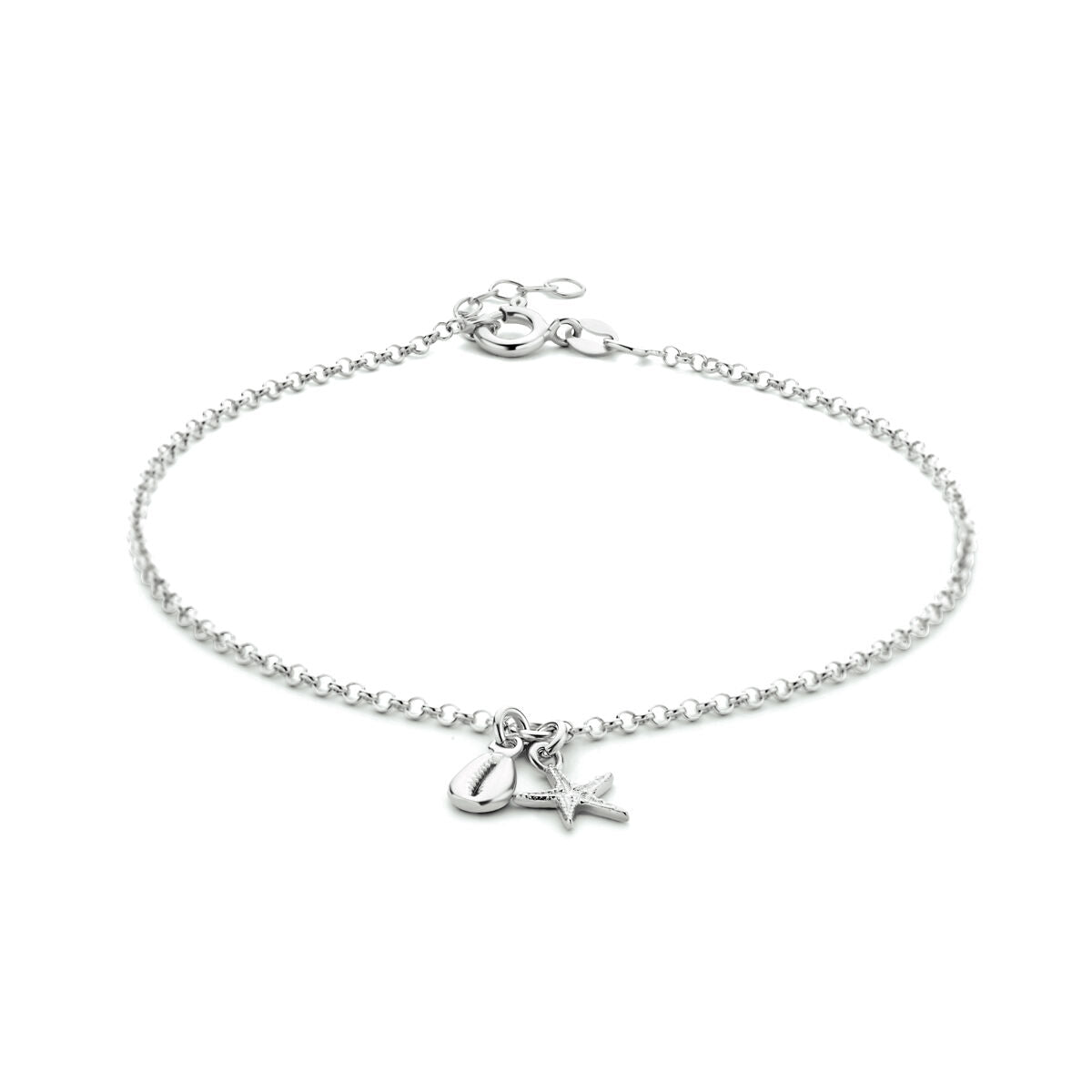 Armband aus rhodiniertem Silber mit Muschel- und Seestern-Anhänger, 24 + 2 cm lang