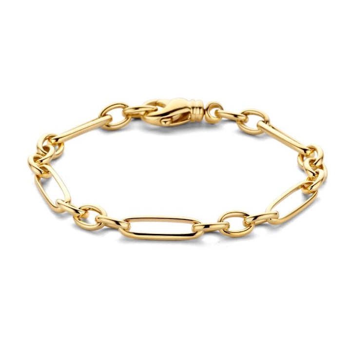 Geelgouden Schakelarmband met Wisselende Schakels en Luxe Karabijnsluiting – 14 Karaat Goud, Elegante Armband voor Dames