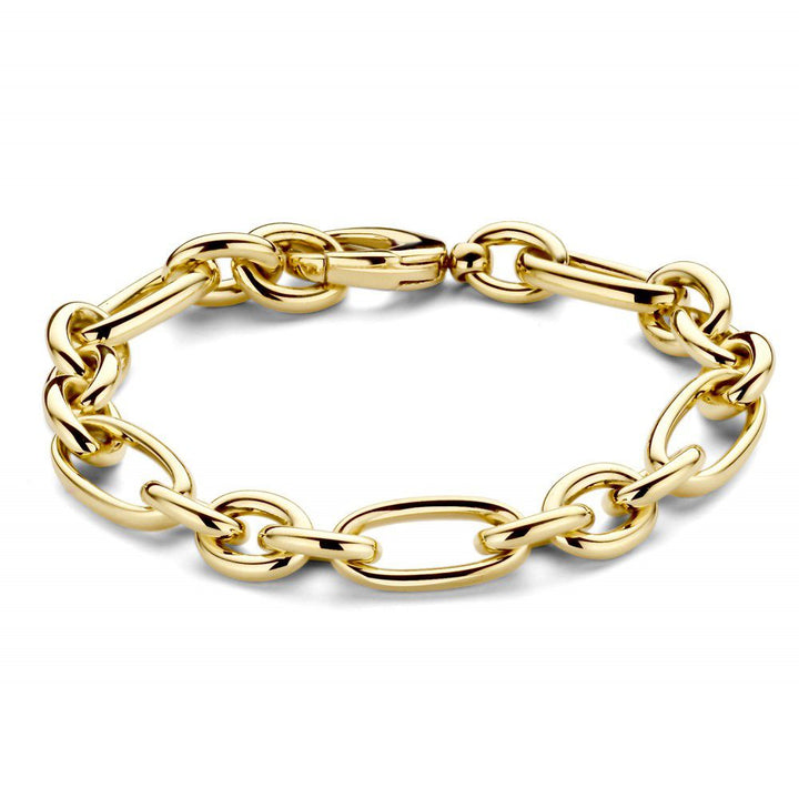 De Geelgouden Armband 14 Karaat van Excellent Jewelry (16,1 gr, 20 cm) voor dames heeft een tijdloos ontwerp met grote, ovale schakels en wordt elegant gepresenteerd op een witte achtergrond.