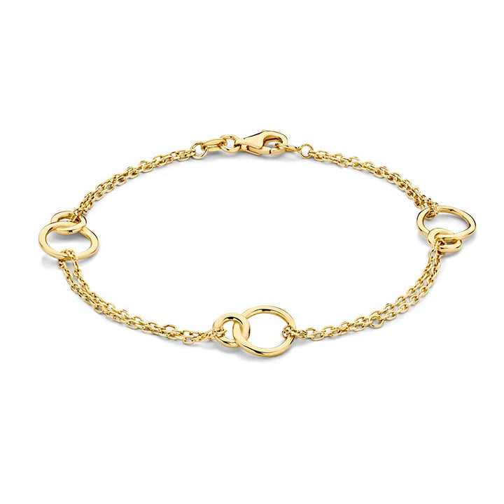 Geelgouden Armband met Dubbele Rij en Verbonden Cirkel Elementen – 14-Karaat Luxe voor Dames