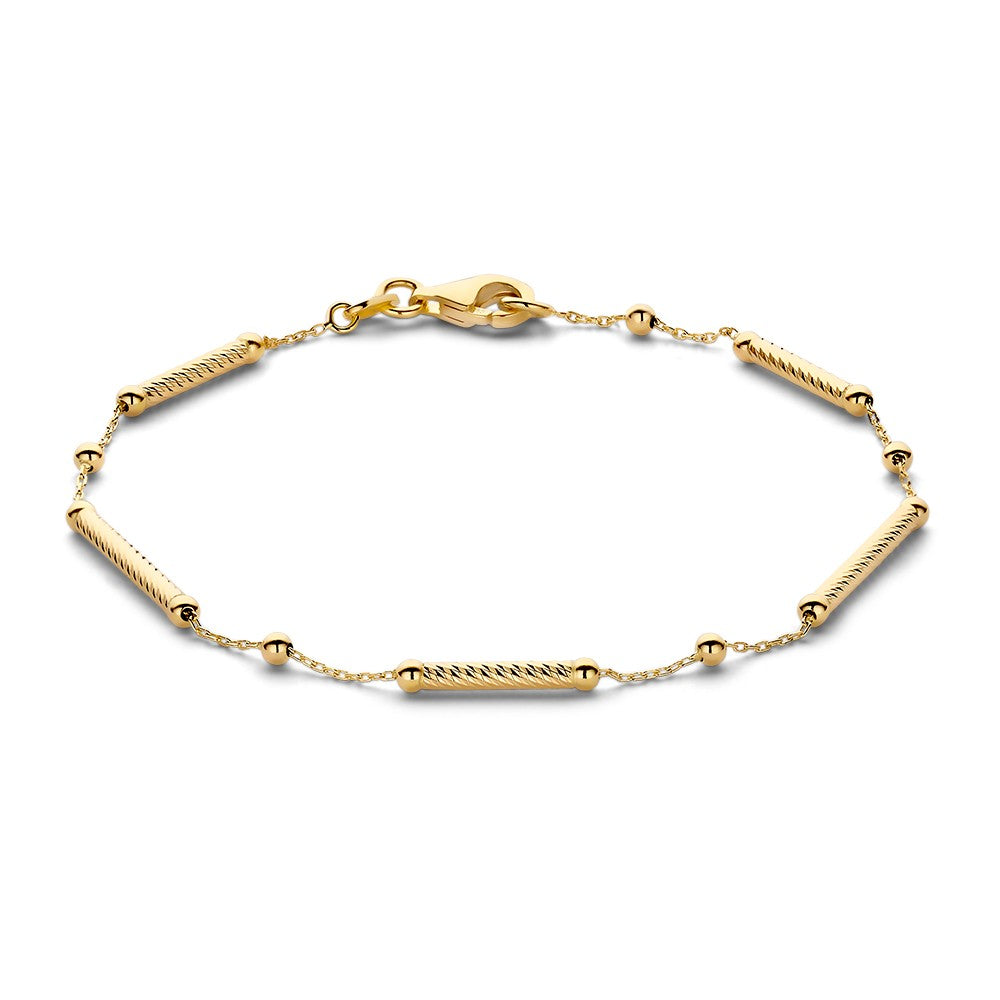 Elegante 14-karätige Gelbgold-Armband mit alternierenden Stäben und Kugeln, 19 cm lang