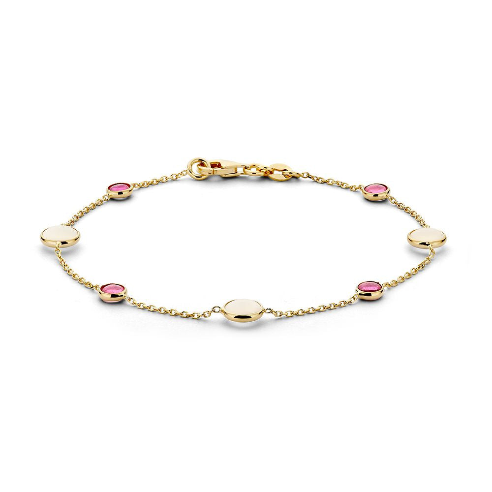 Armband aus 14-karätigem Gelbgold mit Mondsteinen und Rubinen, 19 cm lang