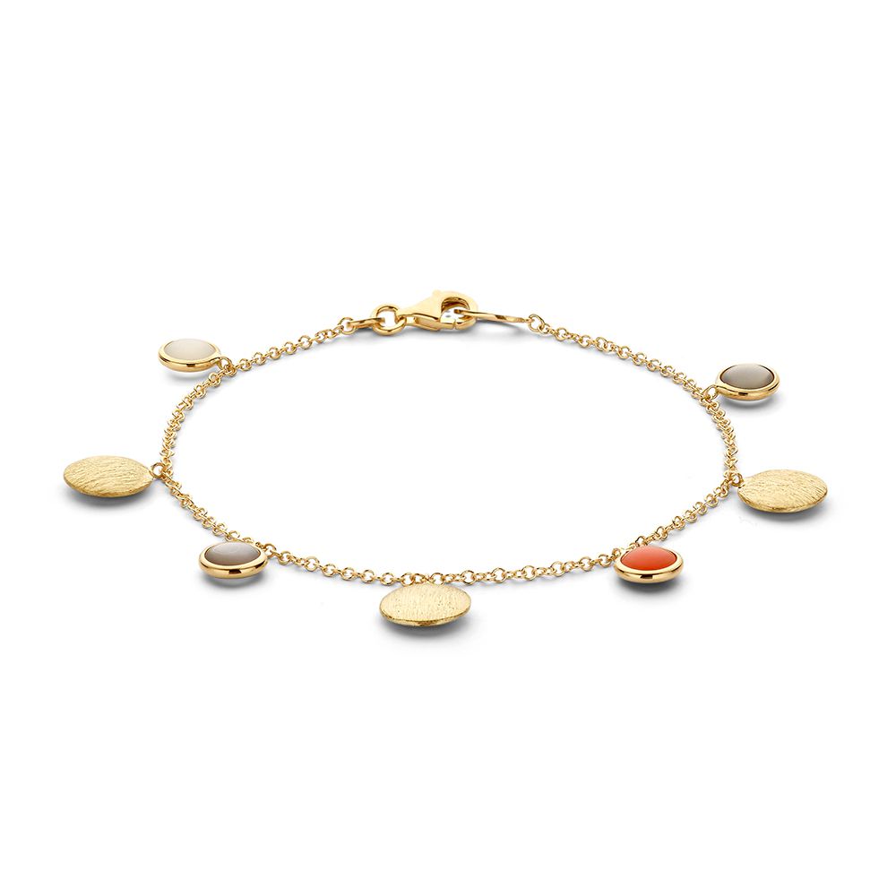 Armband aus 14-karätigem Gelbgold mit Maanstein-Anhängern, 19 cm lang, mit verschiedenen farbigen Elementen