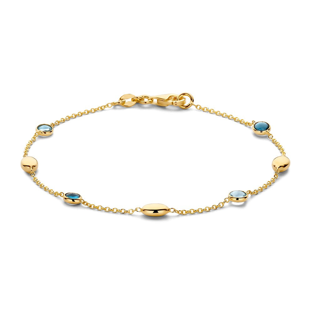 Gelbgoldene Armband mit blauen Topasen, 14 Karat, 19 cm lang, mit runden und ovalen Elementen