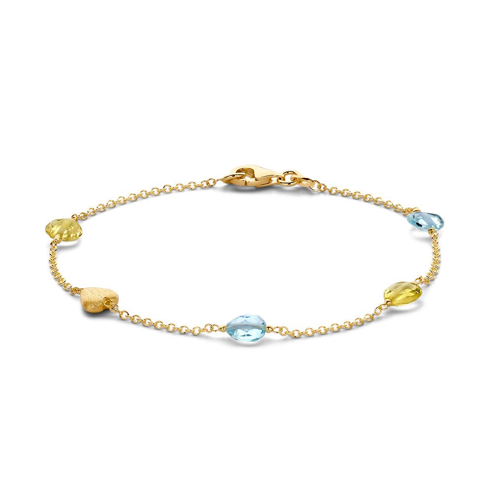 Armband aus 14 Karat Gelbgold mit Lemonquarz und blauem Topas, 19 cm lang