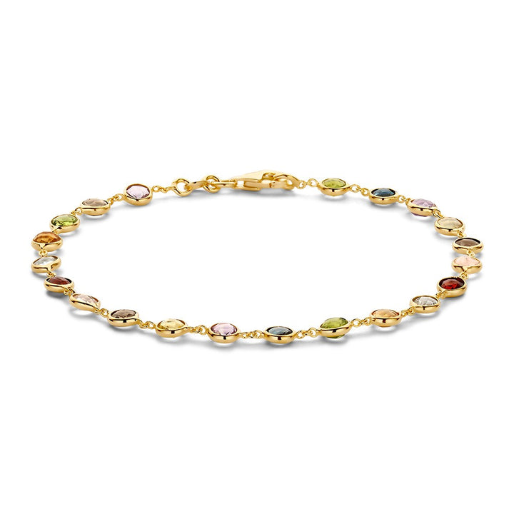 De Excellent Jewelry Armband geelgoud edelsteen is een delicaat gouden armbandje met kleine, ronde, veelkleurige edelsteentjes langs de ketting en een gouden sluiting.