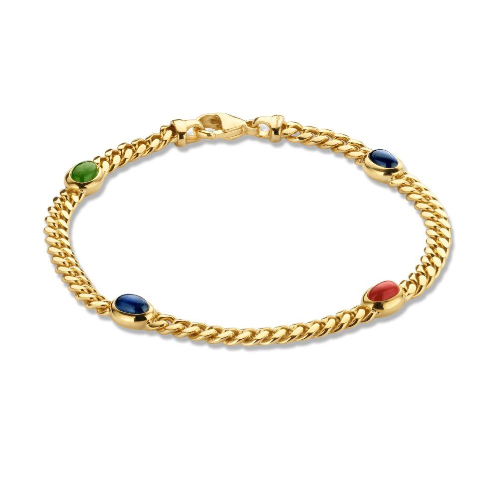 Geelgouden Armband met Robijn, Saffier en Smaragd – 14 Karaat, 19 cm