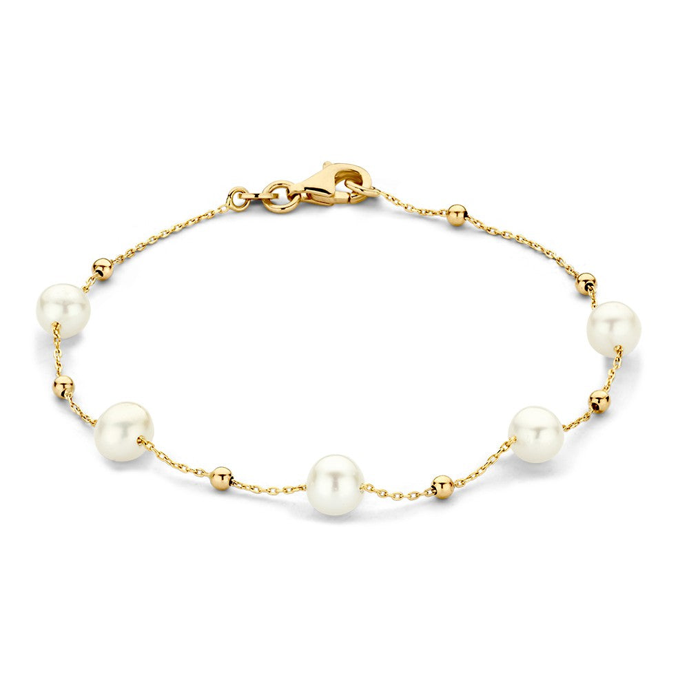 Armband aus 14-karätigem Gelbgold mit Perlen und goldenen Kugeln, 19 cm lang