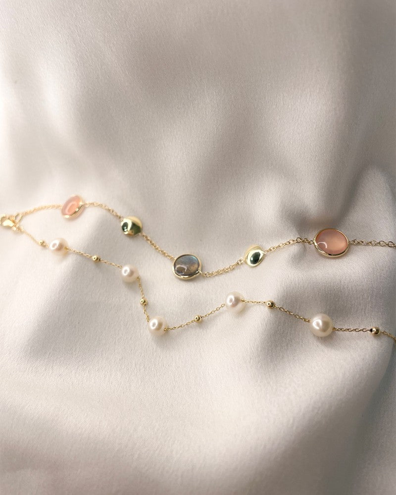 Gelbgoldarmband mit Perlen und Goldkügelchen – 14 Karat Damenarmband 19 cm