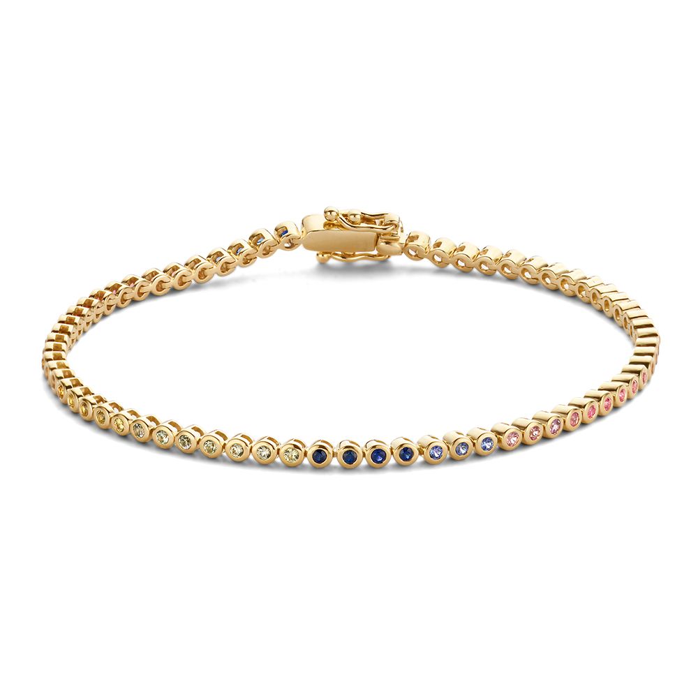 Tennisarmband aus 14-karätigem Gelbgold mit bunten Regenboogsaffiren und funkelnden Zirkonia