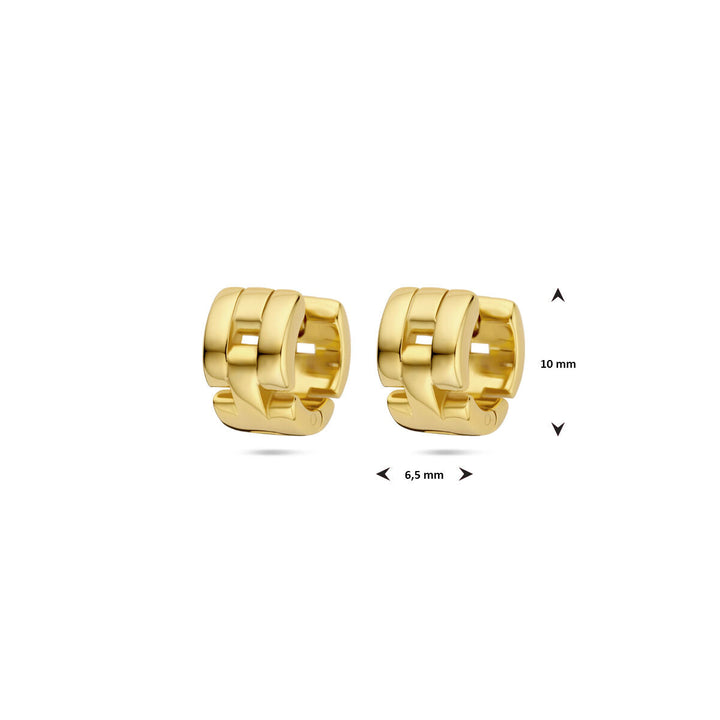 Van der Kooij Collectie klapoorringen schakelmotief 10 mm, 1 micron zilver verguld (geel). Deze kleine, goudkleurige oorbellen met chunky hoopvorm en elegant schakelontwerp zijn 10 mm hoog en 6,5 mm breed. Afbeeld op een witte achtergrond.