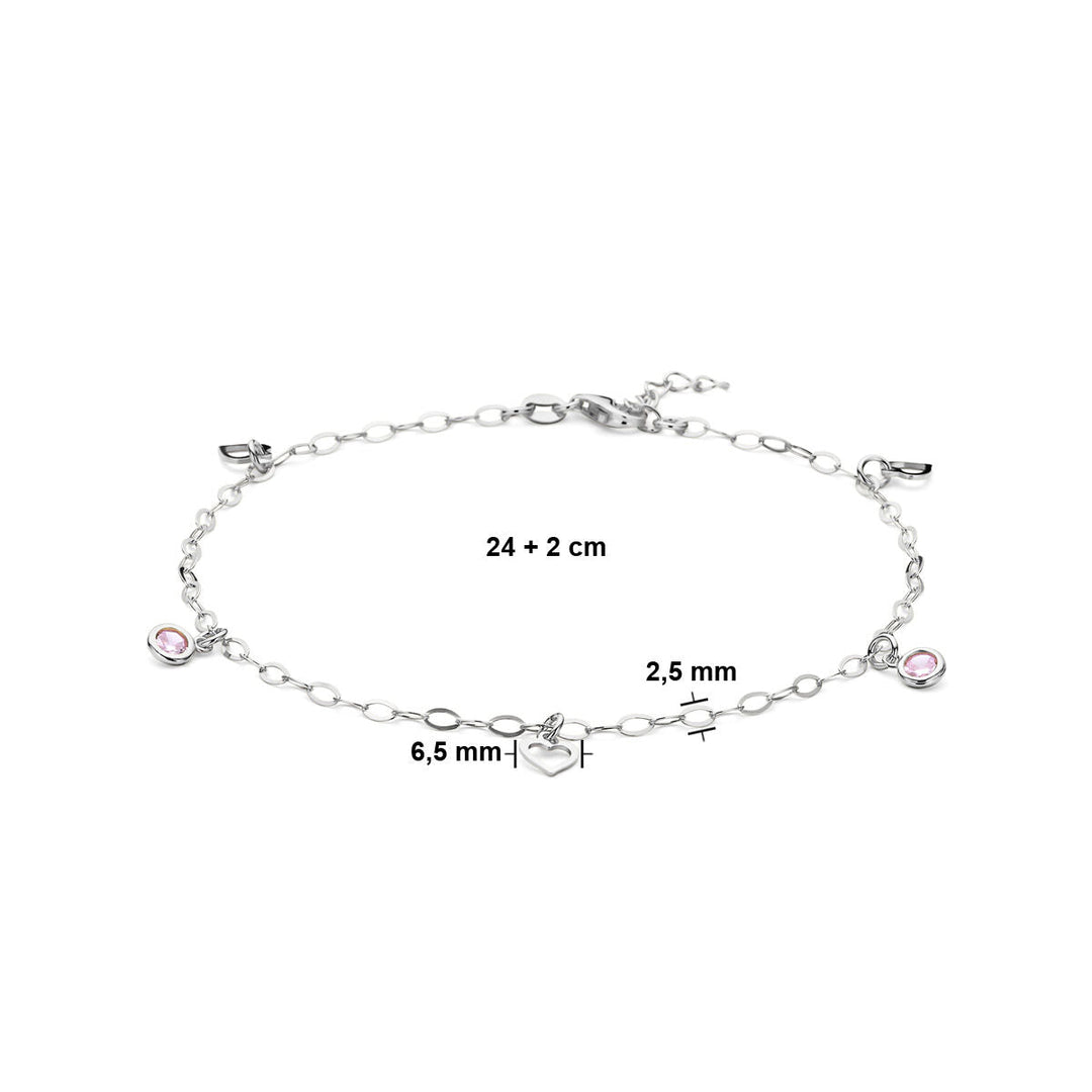 Silbernes Fußkettchen Herz und rosa Zirkonia 24 + 2 cm