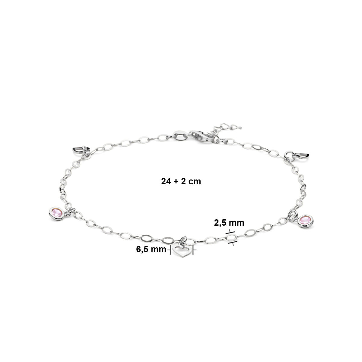 Silbernes Fußkettchen Herz und rosa Zirkonia 24 + 2 cm