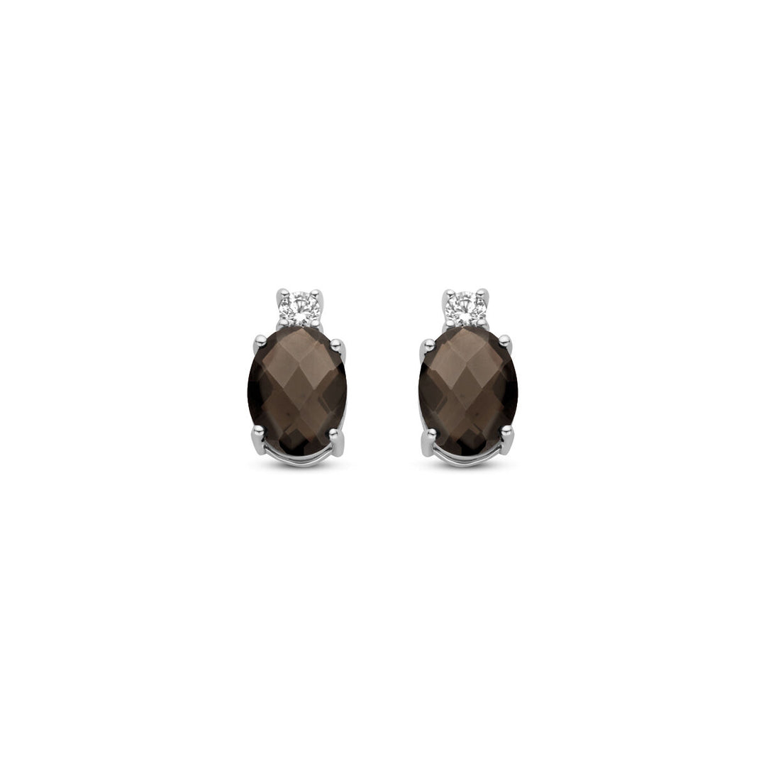oorknoppen rookkwarts en zirkonia 10,5 mm zilver gerhodineerd