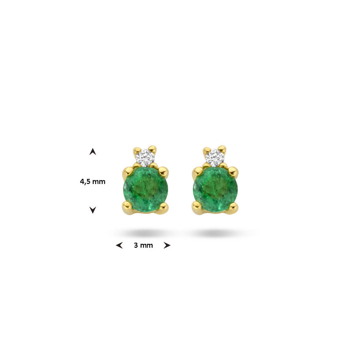 Van der Kooij Collectie oorknoppen smaragd en diamant 0.015ct (2x 0.0075ct) h p1 in 14K geelgoud voor dames, met ronde groene en kleine heldere stenen, 4,5 mm hoog en 3 mm breed.