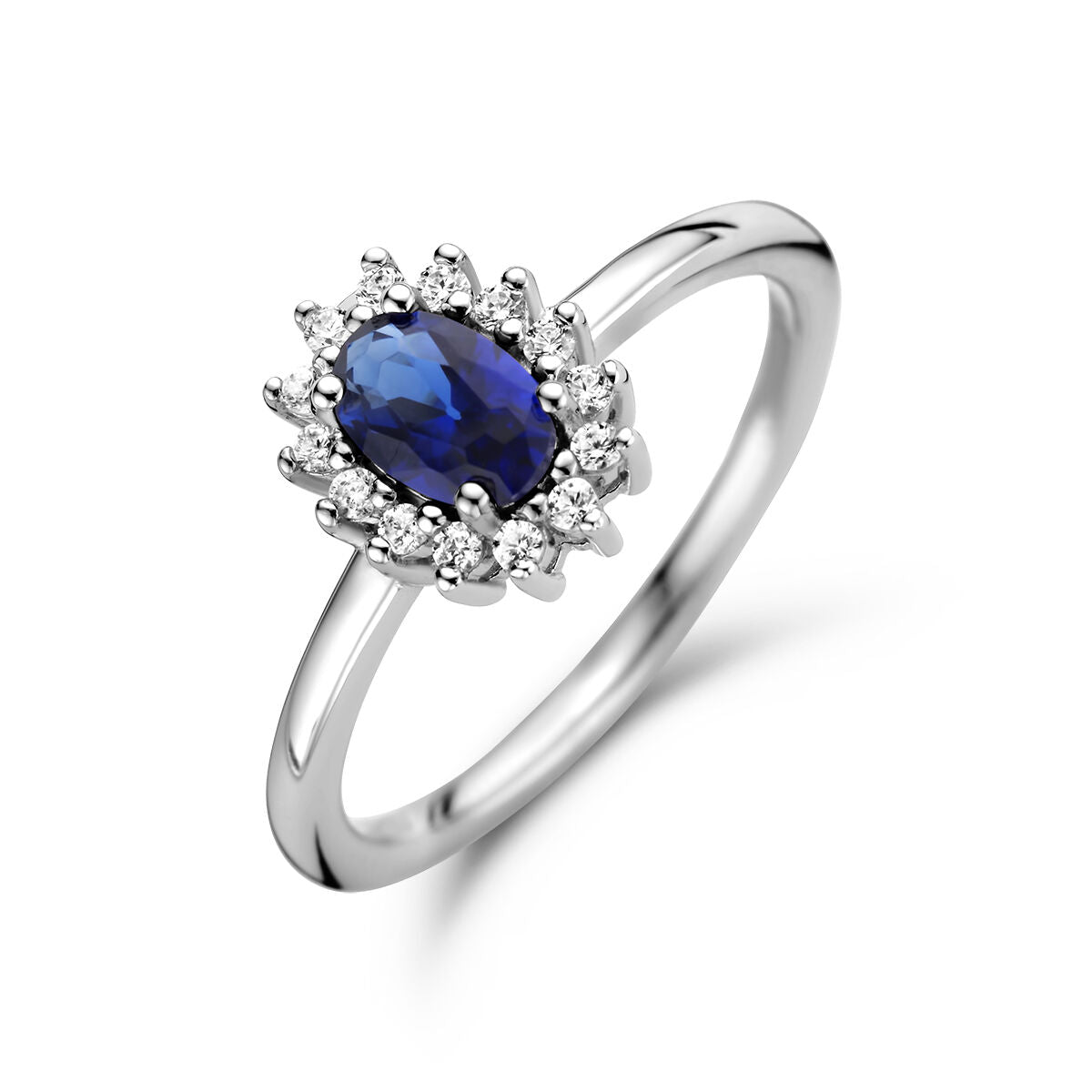 Ring mit synthetischem Saphir und Zirkonia-Halo in rhodiniertem Silber