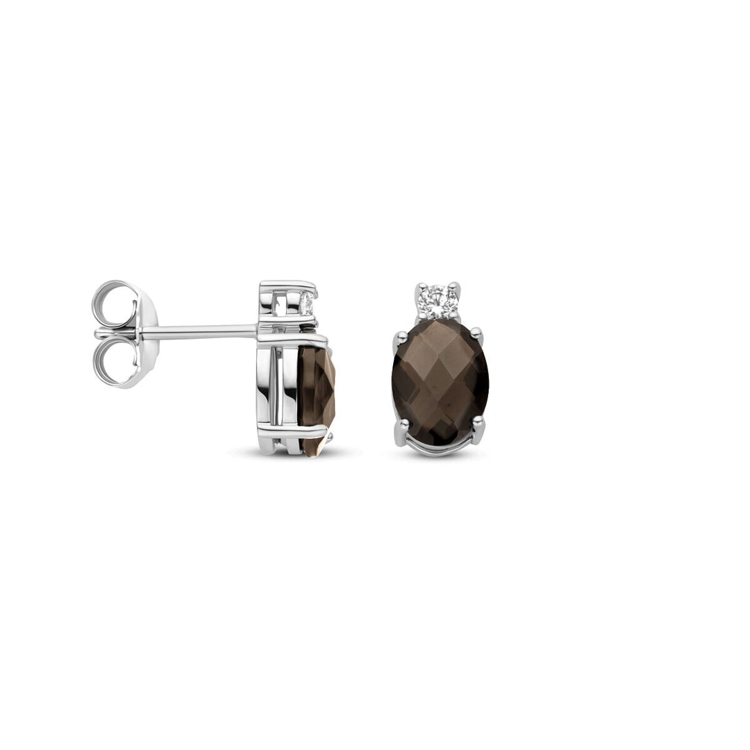 oorknoppen rookkwarts en zirkonia 10,5 mm zilver gerhodineerd