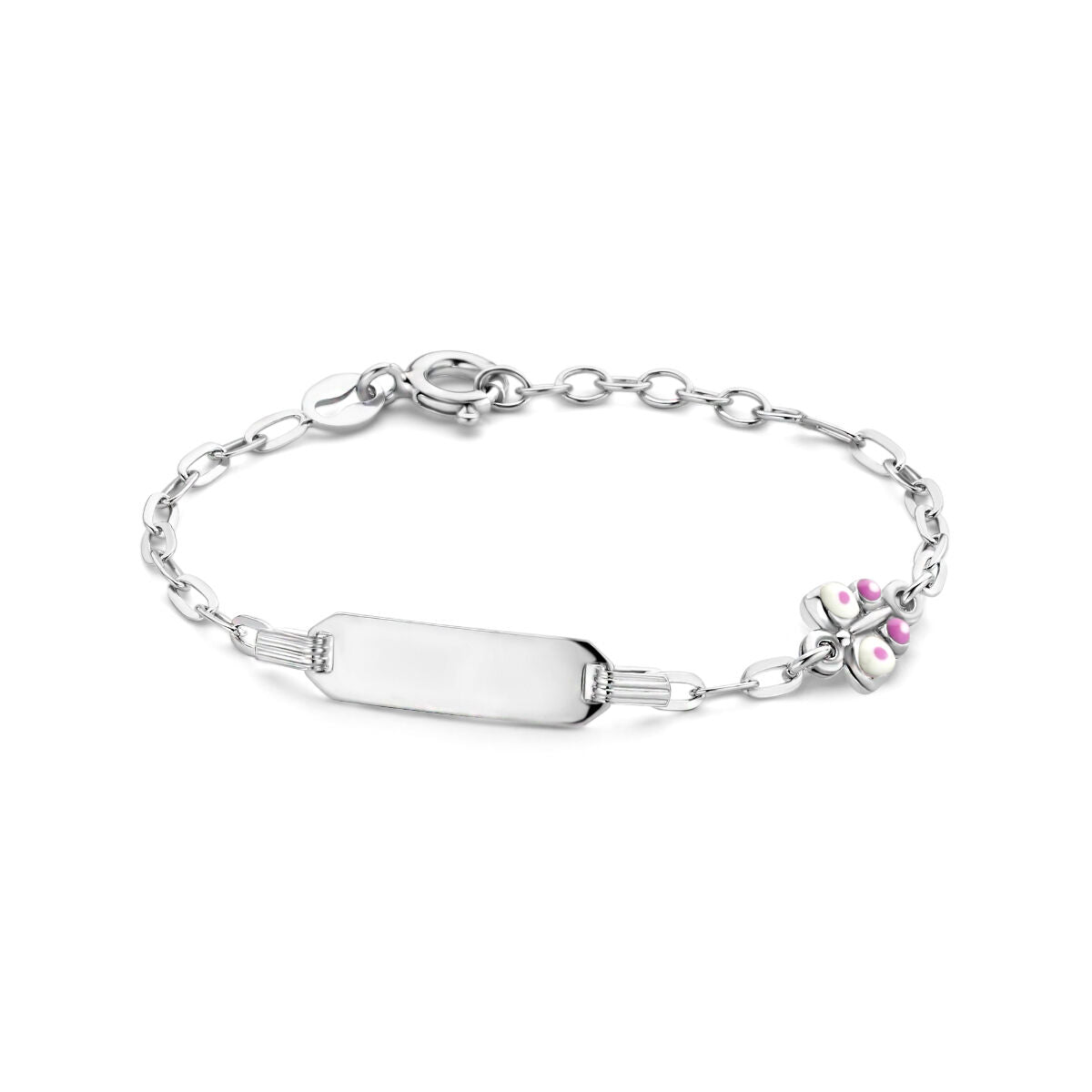 Babyarmband aus rhodiniertem Silber mit flacher Plakette und einem kleinen Schmetterling mit pinken Details