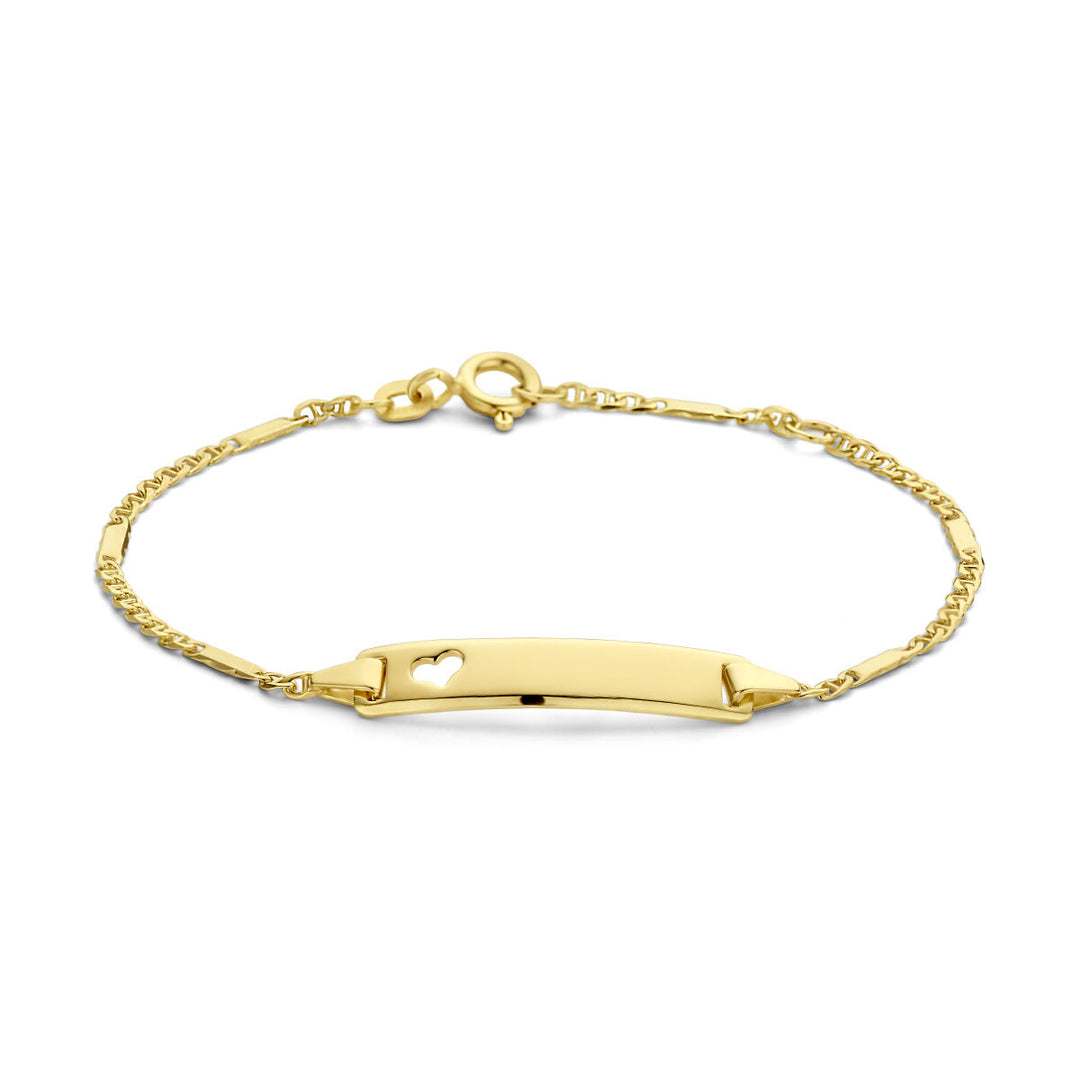 De Van der Kooij Collectie graveerarmband hart plaat 5,0 mm in 14K geelgoud is een delicate damesarmband met een fijn kettinkje en hartuitsnede, ideaal voor dagelijks gebruik of speciale gelegenheden.