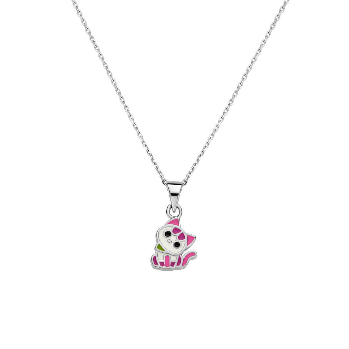 Collier mit Anhänger in Form einer Katze, silber gerhodineert mit pinken und schwarzen Details
