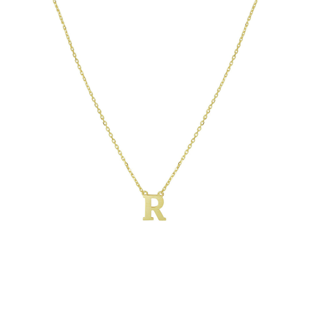 De Gouden dames ketting letter 14K uit de Van der Kooij Collectie heeft een gepersonaliseerde R-hanger, ideaal als cadeau voor dames en elegant gepresenteerd op een witte achtergrond.