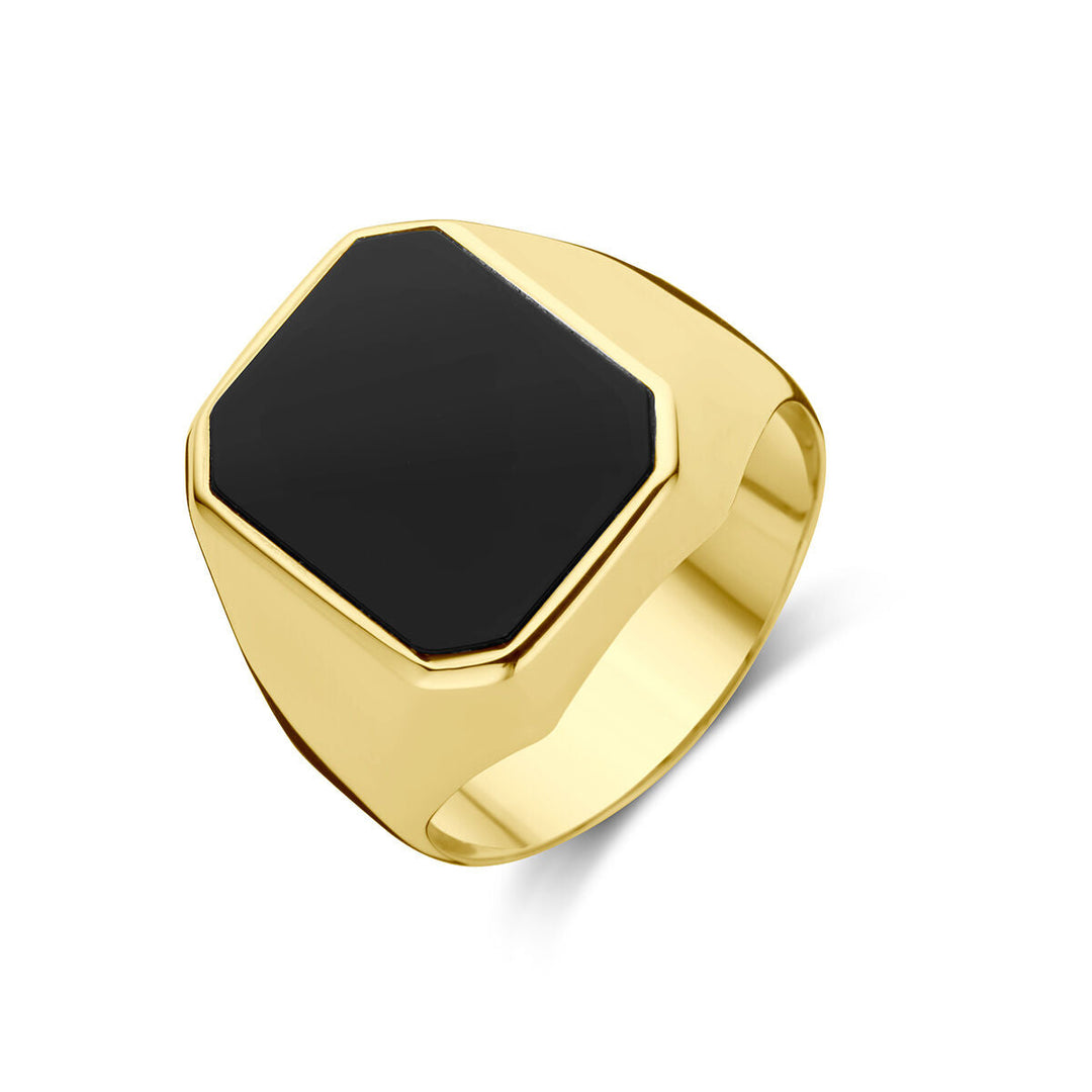 De Van der Kooij Collectie zegelring onyx 14K geelgoud heeft een grote, platte, zeshoekige onyx solitaire bovenop geel goud, weergegeven tegen een witte achtergrond.
