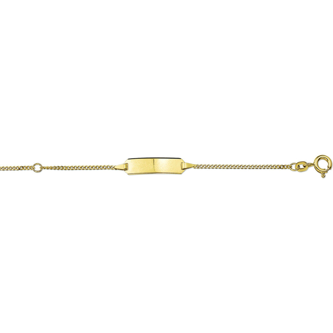 Een geelgouden unisex kinderarmband uit de Van der Kooij Collectie, model graveerarmband gourmet plaat 5 mm, lengte 9-11 cm, met een dunne ketting, rechthoekige graveerplaat en veerringsluiting.