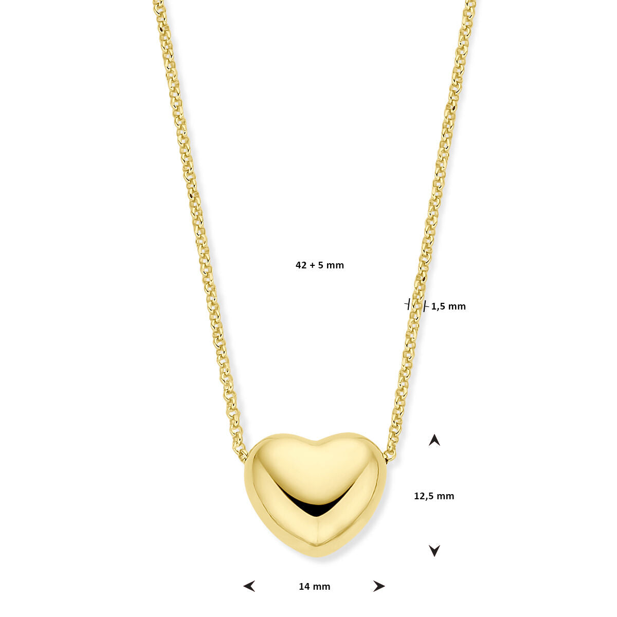 Halskette Herz 1,5 mm 42 + 5 cm 3 Mikron Silber vergoldet (gelb)