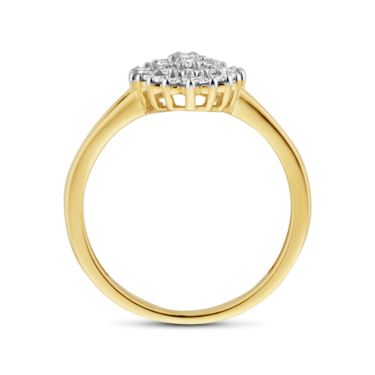 De Van der Kooij Collectie ring lab-grown diamant 0.48ct H SI in 14K geelgoud heeft een ronde clusterzetting en een vergelijkbare band, goed zichtbaar van opzij.