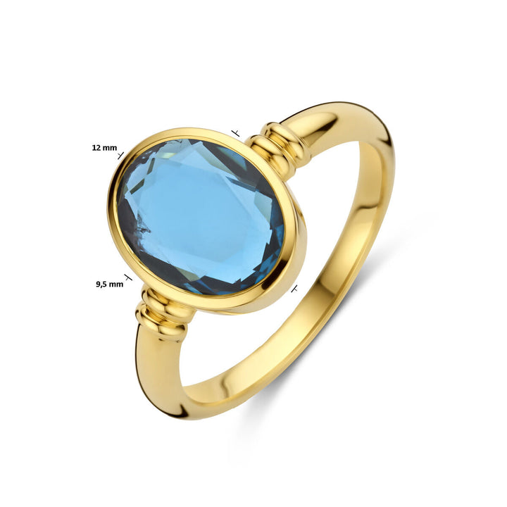 De Van der Kooij Collectie ring london blue topaas 14K geelgoud heeft een grote, horizontaal geplaatste ovale London Blue topaas (12x9,5 mm) in een gladde randzetting tegen een witte achtergrond.
